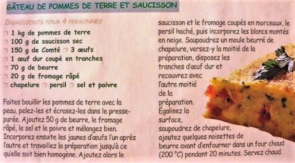 Recette : Gâteau de pommes de terre et saucisson Recette : Gâteau de pommes de terre et saucisson