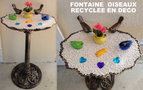 Fontaine pour oiseaux recyclée en bassin décoratif