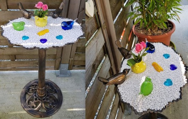 Fontaine pour oiseaux recyclée en bassin décoratif