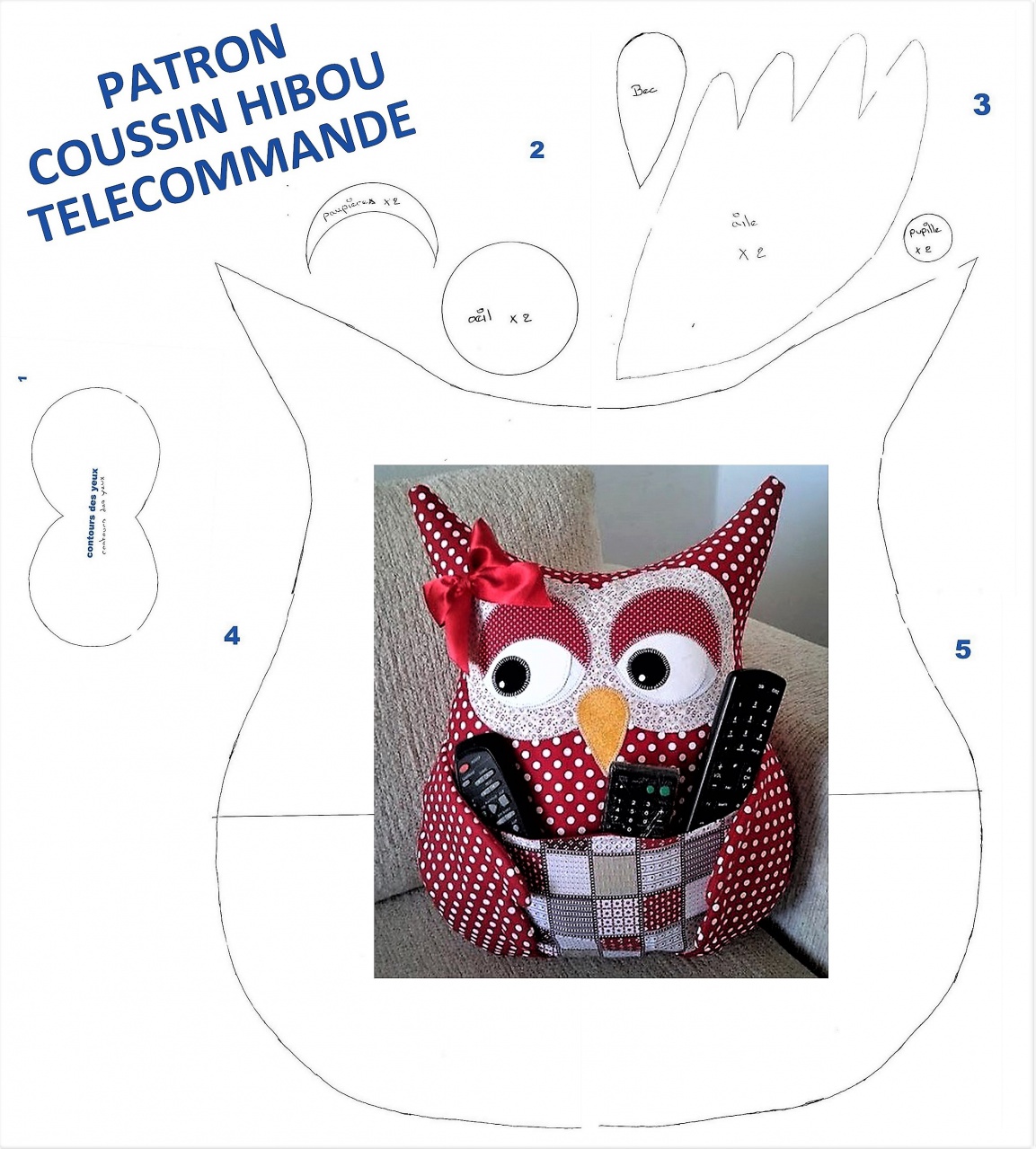 patron coussin hibou télécommande